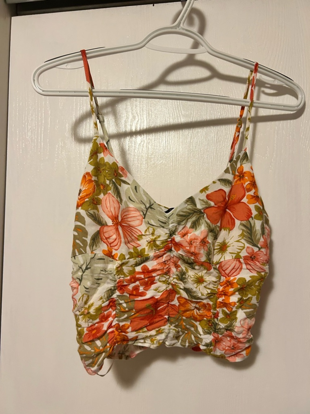 Forever 21 Floral Ruched Spaghetti Strap Tank Top - White, Orange & Green